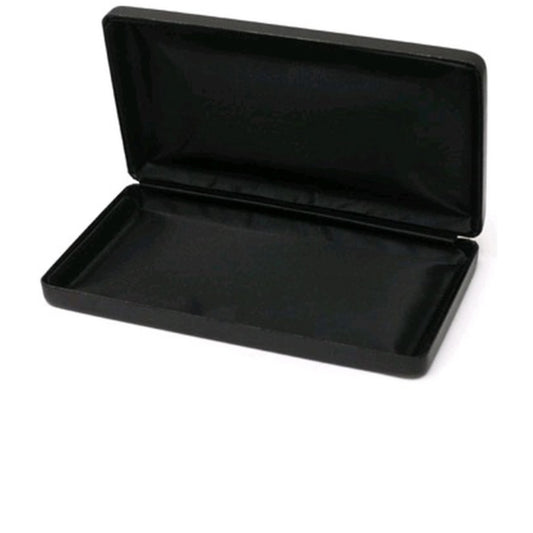Black leather look case, black velvet interior with a shelf. Outer Measures: 25.5cm x 14cm x 2.5cm Inner measurments: Top Tray: 20cm x 10cm Bottom Tray: 21.5cm x 10.5cm