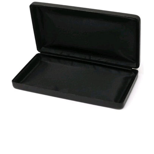 Black leather look case, black velvet interior with a shelf.  Outer Measures: 25.5cm x 14cm x 2.5cm  Inner measurments:  Top Tray: 20cm x 10cm  Bottom Tray: 21.5cm x 10.5cm