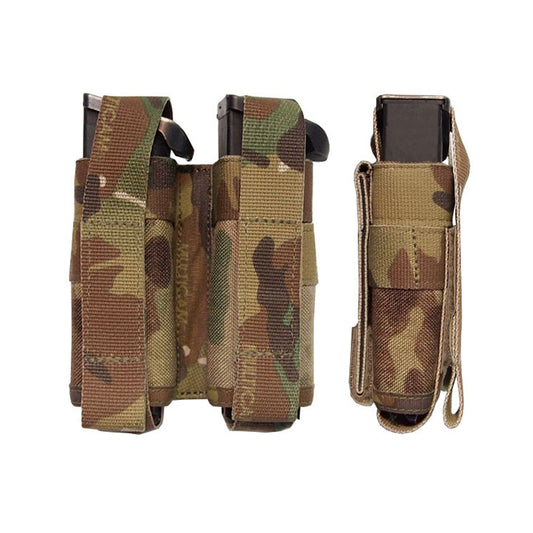 Will hold two double stack H&K USP 19 round 9mm magazines vertically side by side. Will also accommodate standard double stack magazines. Velcro closure for quick and easy extraction. Velcro flap can be tucked in behind magazine for quicker magazine removal if required. Requires two PALS columns for attachment. www.defenceqstore.com.au