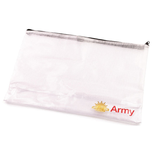 Australian Army branded A4 document pouch will keep your documents dry and organised. Water resistant construction with zip opening.
