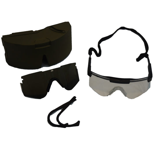 SPECS: Special Protect Eyewear Cylindrical System.  US Military issue packed in a pack detachable hard case with a retainer strap.  Interchangeable lenses: Clear and Grey,  Interchangeable and adjustable arms: Straight and hook over ears.  Colour: Olive hard case.  Alice clips on the back to attach to your webbing or belt