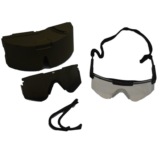 SPECS: Special Protect Eyewear Cylindrical System. US Military issue packed in a pack detachable hard case with a retainer strap. Interchangeable lenses: Clear and Grey, Interchangeable and adjustable arms: Straight and hook over ears. Colour: Olive hard case. Alice clips on the back to attach to your webbing or belt