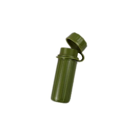 Cylindrical matchbox with a screwtop to be waterproof.  The size of a large lipstick container.  Colour: Olive  Material: Plastic