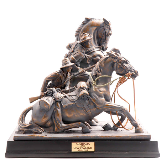 This limited edition cold cast bronze figurine honours the bonds of the Desert Mounted Corps of Australian and New Zealand soldiers who died in service or were killed in action in Egypt, Palestine and Syria during World War One. www.defenceqstore.com.au