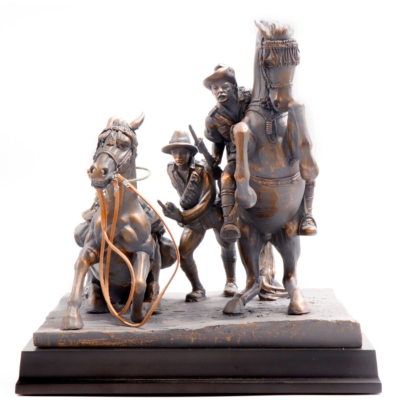 This limited edition cold cast bronze figurine honours the bonds of the Desert Mounted Corps of Australian and New Zealand soldiers who died in service or were killed in action in Egypt, Palestine and Syria during World War One. www.defenceqstore.com.au