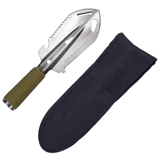 This portable trowel has many features that regular trowels don't have: Shovel Blade, Saw, Ruler, Nail Extractor, Hex Wrench, Paracord.  This shovel is made of stainless steel. Extremely durable, bend resistant, and has a lot of levering power. The blade is rust and scratch resistant, stays razor sharp and you can wash it easily. www.defenceqstore.com.au