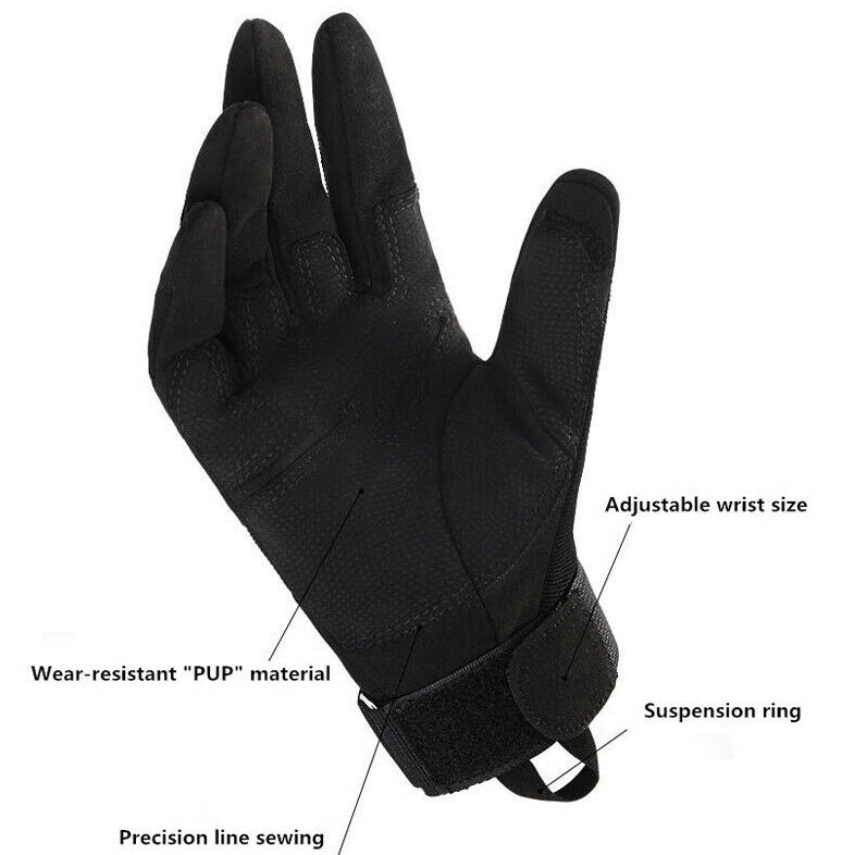 One Size Fits Most from small to large, definitely not XL or above. The velcro tightener helps keep everything firm as we put this through a rough 2 day combat test. Great set of gloves for Military, cadets, scouts, hiking, hunting, outdoor sports or riding a motorbike.