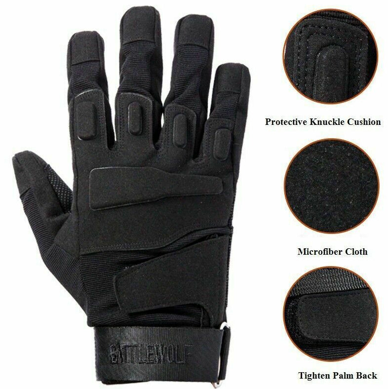 One Size Fits Most from small to large, definitely not XL or above. The velcro tightener helps keep everything firm as we put this through a rough 2 day combat test. Great set of gloves for Military, cadets, scouts, hiking, hunting, outdoor sports or riding a motorbike.
