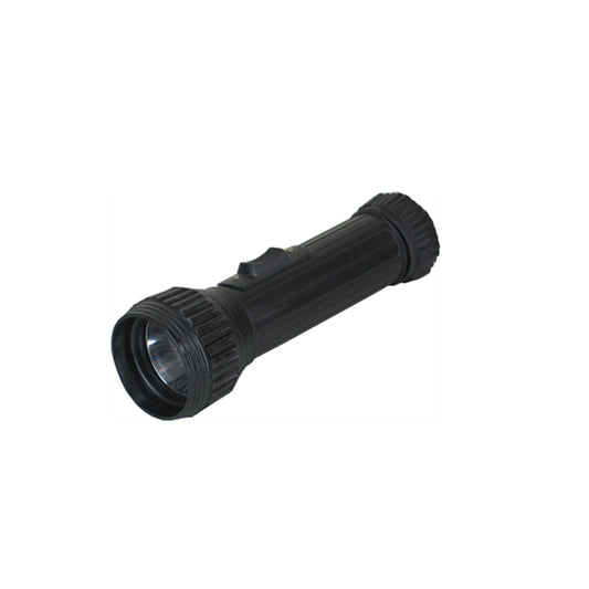 Heavy duty flashlight for camping  Plastic construction Rubber grips on top and bottom Slide on/off button www.defenceqstore.com.au