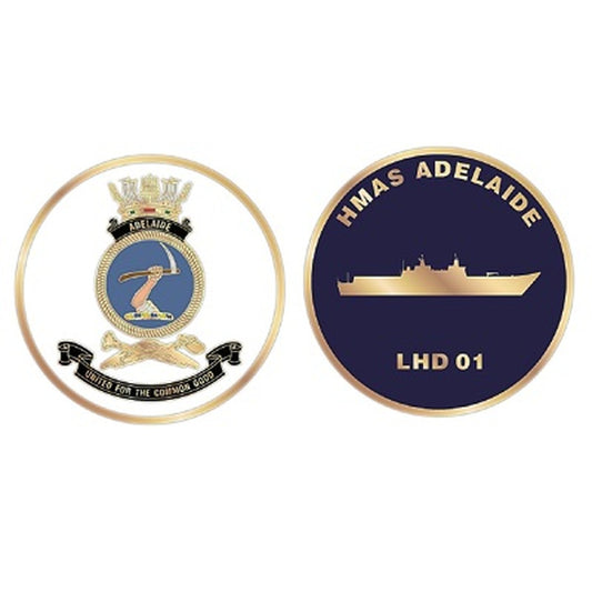 HMAS Adelaide medallion. This spectacular 48mm full colour enamel medallion with the ships crest on the front and ships profile on the reverse, will start conversations wherever you show it or hand it out.