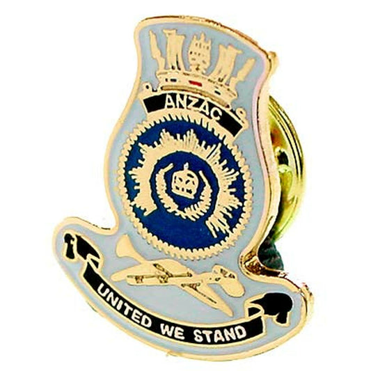 HMAS Anzac 20mm full colour enamel lapel pin. This beautiful gold plated lapel pin will look great on either your jacket or on your cap.