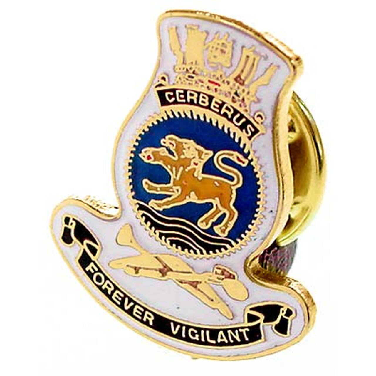 HMAS Cerberus 20mm full colour enamel lapel pin. This beautiful gold plated lapel pin will look great on both you jacket or on your cap.