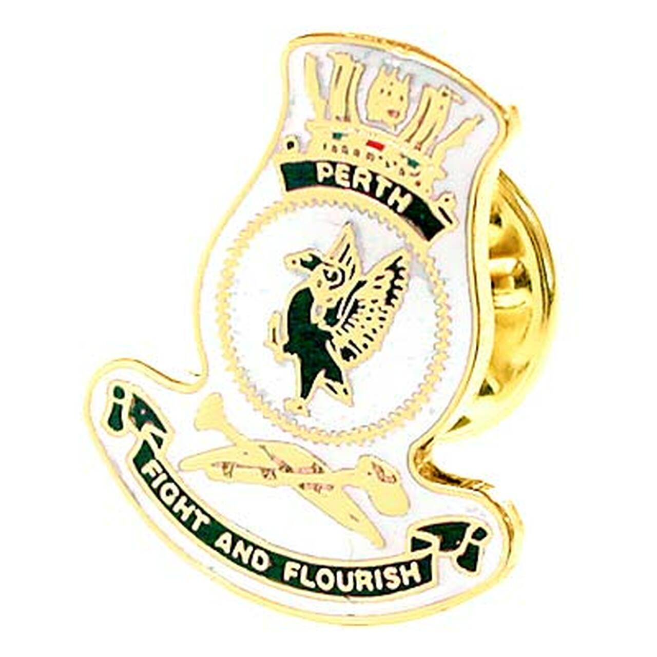 HMAS Perth 20mm full colour enamel lapel pin. This beautiful gold plated lapel pin will look great on both you jacket or on your cap. www.defenceqstore.com.au