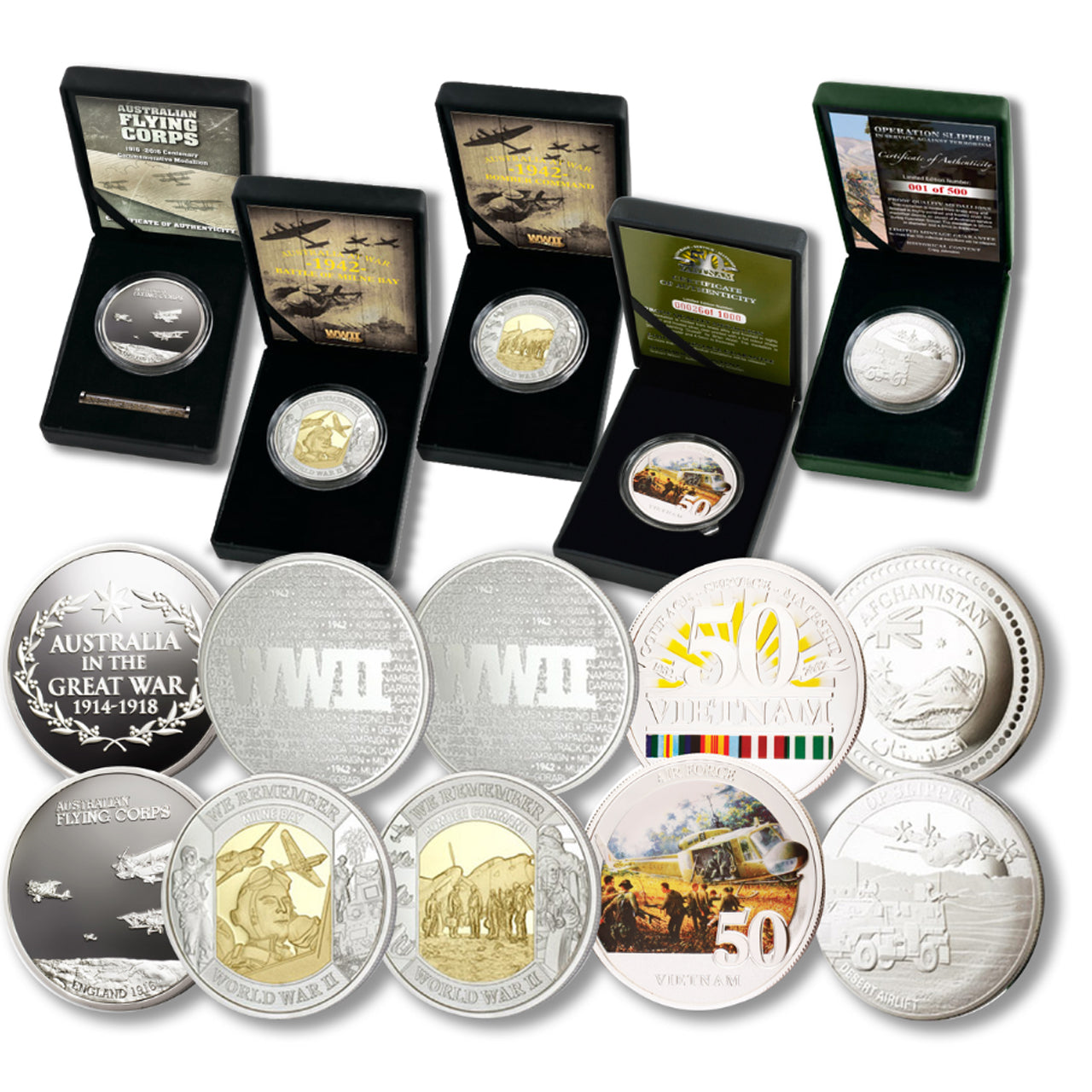 A collection of 5 beautifully crafted limited edition medallions put together for the first time. Portraying Air Force operations from the Great War to Afghanistan, this collection of limited edition items commemorates the service of the Australian Air Force over its history.
