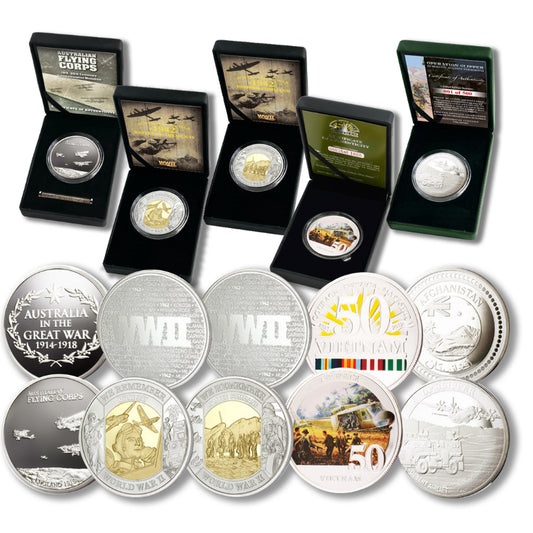 A collection of 5 beautifully crafted limited edition medallions put together for the first time. Portraying Air Force operations from the Great War to Afghanistan, this collection of limited edition items commemorates the service of the Australian Air Force over its history.