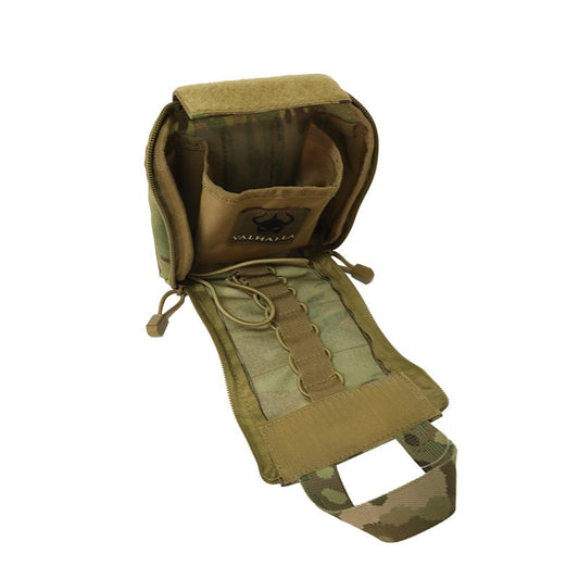 The VALHALLA IFAK Pouch lets you keep an IFALK or medical essentials within an arm's reach. Specifically designed to attach to any MOLLE web platform, the pouch features a drop-down zippered compartment with a light-coloured interior for easy equipment identification and bungee tie-downs for added stability.
