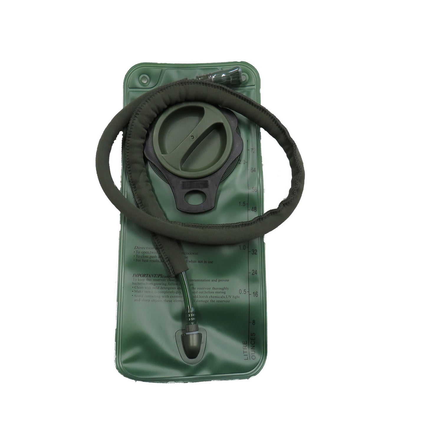 2LT EVA bladder Wide mouth fitting Screw in hose attachment Neoprene hose cover Bite valve with valve cap Good entry level hydro bladder www.defenceqstore.com.au