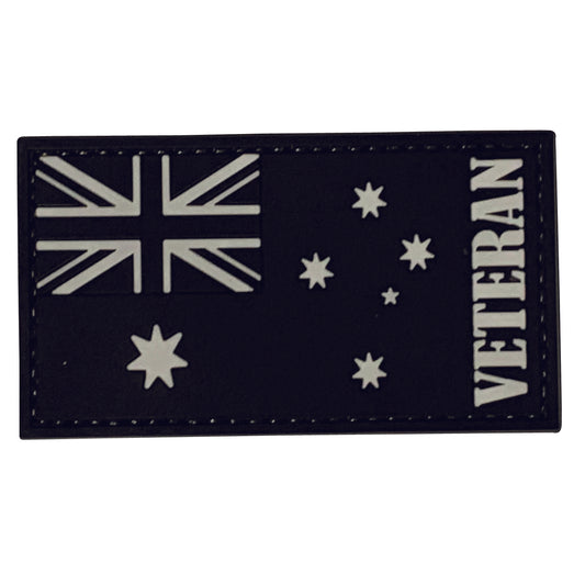 AUSTRALIAN VETERAN PVC PATCH BLACK,  Velcro backed Badge  Great for attaching to your field gear, jackets, hats or even create your own patch board.  Size: 9X5cm