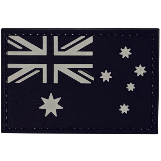 AUSTRALIAN FLAG PVC PATCH BLACK, Velcro backed Badge. Great for attaching to your field gear, jackets, hats or even create your own patch board.  Size: 7.5X5cm  VELCRO BACKED