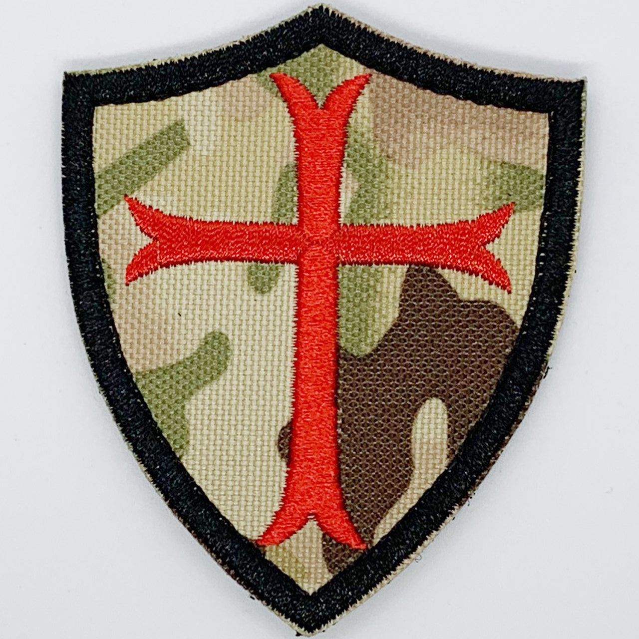 Shield with Cross Patch Hook & Loop. Size: 6.5x7.6cm HOOK AND LOOP BACKED PATCH(BOTH PROVIDED) www.defenceqstore.com.au