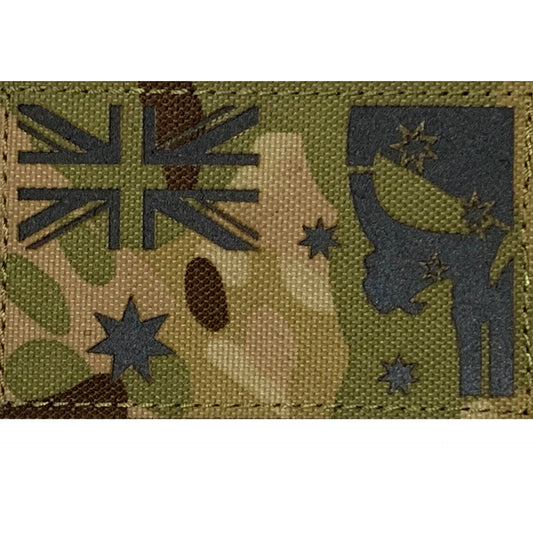 Australian Flag Patch - Multicam With Skull  Velcro Backed  Size: 8cm x 5cm  Hook and Loop included