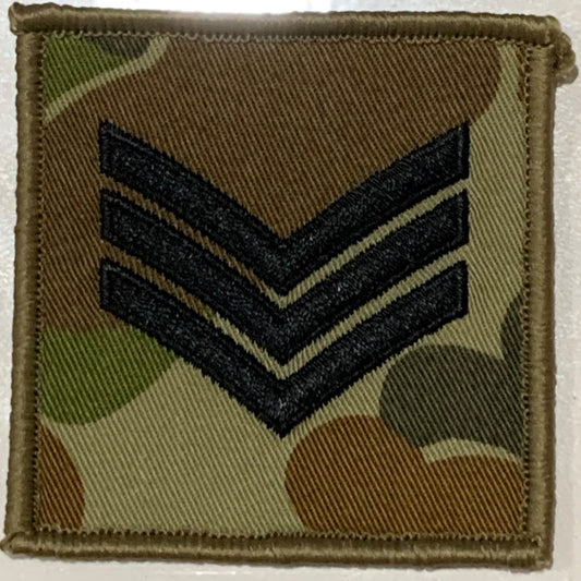 DPCU Rank Patch Sergeant Auscam  Sergeants are the first rank above Corporal, these soldiers are experienced in their field of skill and have been targeted for senior leadership capabilities.  These soldiers have had the training and are in the more seasoned in the field of leadership.  Usually they are second in command of a platoon of soldiers.  Size: 6.5cm x 6.5cm  Available with plain or velcro backing