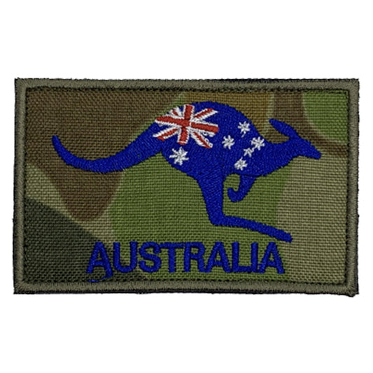 Australian Kangraoo Flag Velcro Backed Limited Edtion Patch designed right here on the Gold Coast.  At this stage we are only producing x200 of these Auscam(DPCU) material with quality embroided Australian flag as the kangaroo.  x50 already produced and another 150 will be made soon.  Hook and Loop come with this patch.  Size: 8x5cm