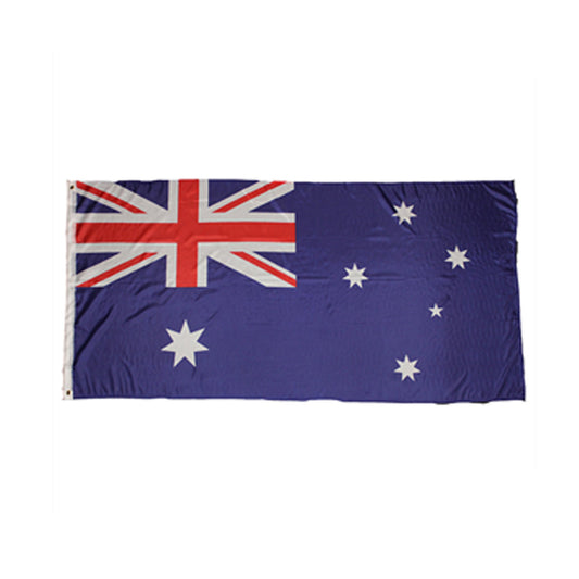 Large flag of Australia measuring 180cm x 90cm made of 68D polyester. Entails a blue background, Union Jack in the upper hoist quarter, large 7 point star underneath Union Jack and 5 white stars – 1 small 5 point star and 4 larger 7 point stars all representing the Southern Cross. To hoist or hang are two ring points.       Large; 180X90cm      68D polyester      Hoist or hang points www.defenceqstore.com.au