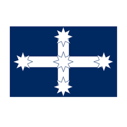 The Eureka flag, flown by the miners at the Eureka stockade features a white cross with stars at each end on a blue background. The original flag was supposedly made from the woollen and cotton petticoats of the miners wives and is still viewable today, although only two thirds of the original flag remain.      100% 68D Polyester     150cm x 90cm www.defenceqstore.com.au