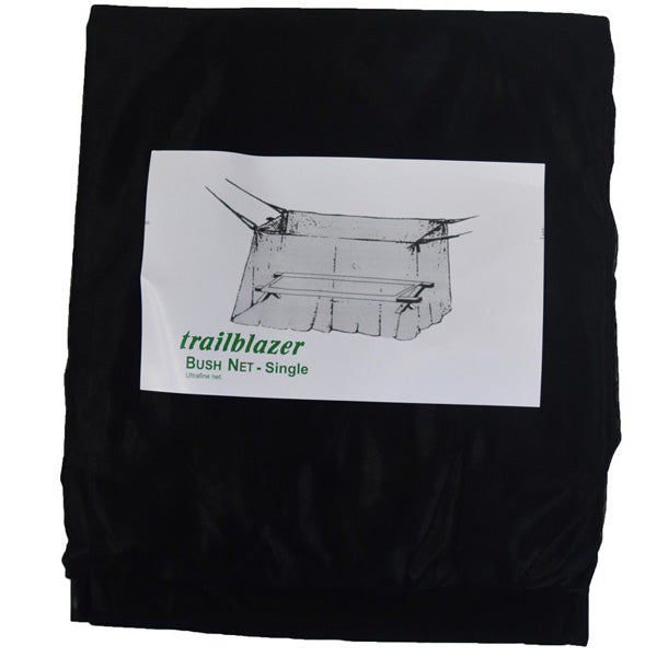 Extra fine nylon mesh Trailblazer Bush Net is an excellent way to protect your bed or cot from mosquitoes and other flying insects, reinforced corners with ties. Box Shape for hanging over a stretcher Size: Single