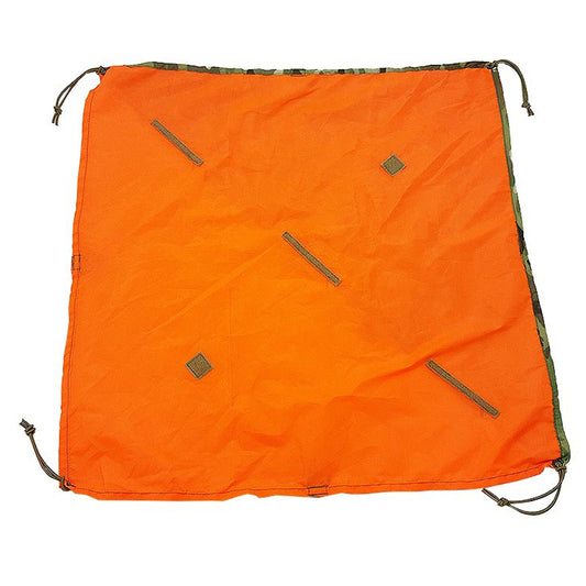 SORD Marker Panel - Lightweight design, only 70 grams - Full size is 58 cm square. - Folded size is 81cm accross the bottom edge, 40cm high. - Velcro loop attachment points for IFF. - Elastic loop points for cyalume's. - Elasticised tie down points on each corner. - Small velcro pocket for adding weight. - One side blaze orange. - One side multicam and can be unfolded to half orange and half multicam. www.defenceqstore.com.au