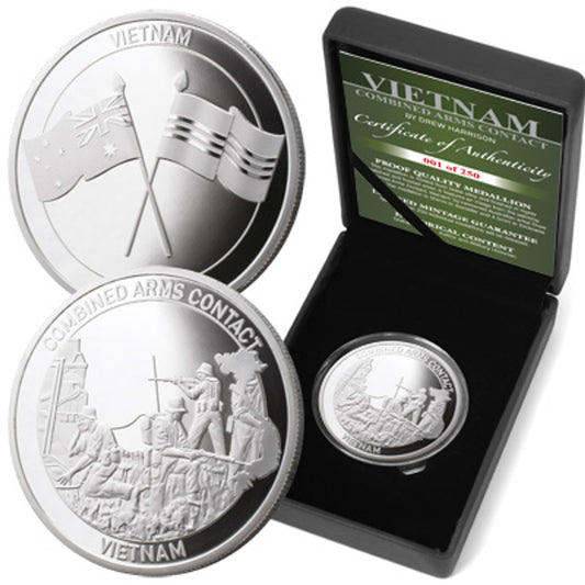The stunning Vietnam 1969 Combined Arms Contact Limited Edition Medallion-Controlling the Fight. The Vietnam 2013 Proof Medallions are ideal for collectors or for those seeking a special gift. Each medallion captures aspects of Harrison's painting of the Royal Australian Regiment, the 1st Armoured Regiment, the 3rd Cavalry Regiment and Air Force Hueys in a combined arms engagement to tell the story of the fight.
