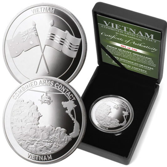 The stunning Vietnam 1969 Combined Arms Contact Limited Edition Medallion-Huey Joins the Fight. The Vietnam 2013 Proof Medallions are ideal for collectors or for those seeking a special gift. Each medallion captures aspects of Harrison's painting of the Royal Australian Regiment, the 1st Armoured Regiment, the 3rd Cavalry Regiment and Air Force Hueys in a combined arms engagement to tell the story of the fight.