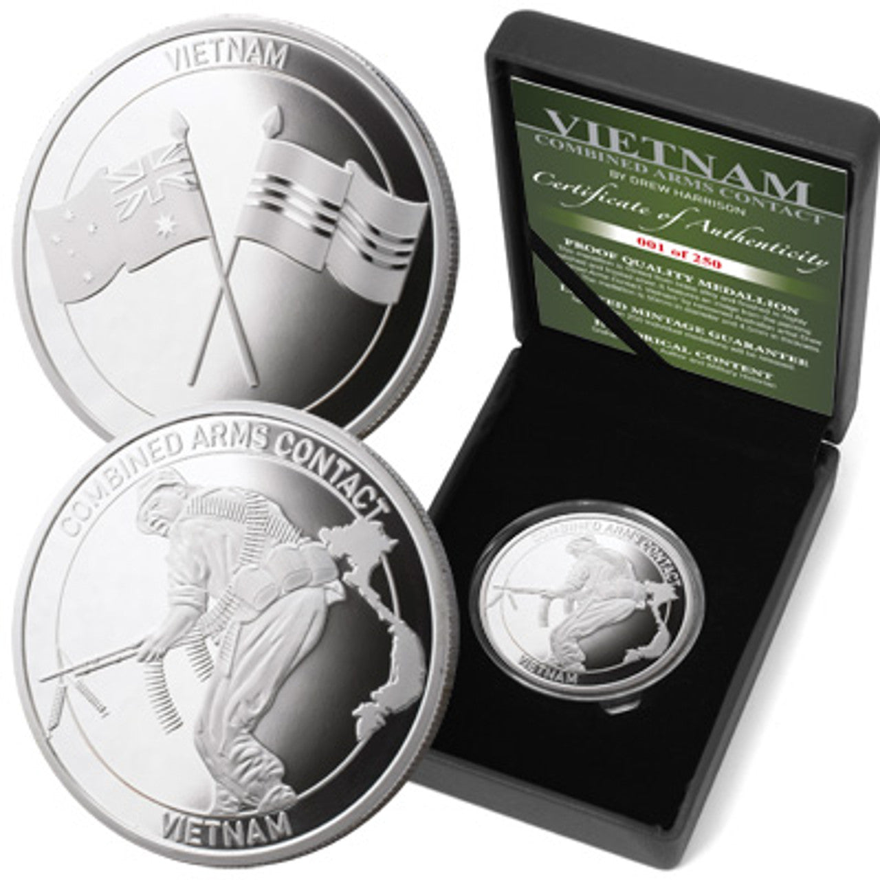 The stunning Vietnam 1969 Combined Arms Contact Limited Edition Medallion-Pushing Ahead Under Fire. The Vietnam 2013 Proof Medallions are ideal for collectors or for those seeking a special gift. Each medallion captures aspects of Harrison's painting of the Royal Australian Regiment, the 1st Armoured Regiment, the 3rd Cavalry Regiment and Air Force Hueys in a combined arms engagement to tell the story of the fight.