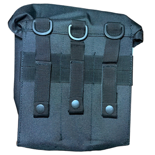 Minimi Pouch Black - Great for law enforcement gear, can fit two flask water bottles 1LT MOLLE fittings Top loading pouch Nylon webbing 900D fabric 2 coats PU coating Military specifications Nylon buckles Dimensions: 20x20x7cm www.defenceqstore.com.au