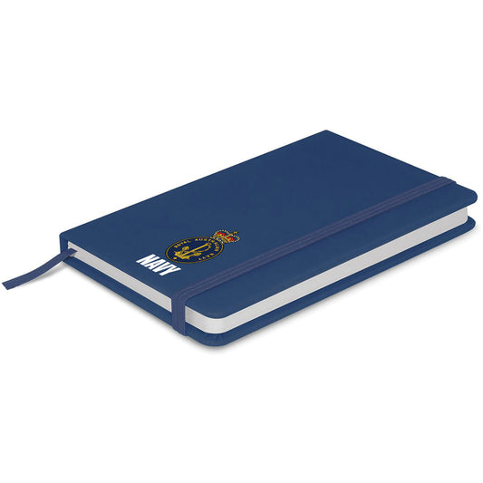 Small Navy branded notebook with 80 leaves (160 pages) of 70gsm lined paper and a hard cover with a luxury soft touch Neoskin finish. It has an elastic closure band and a bookmark ribbon. Dimensions W 89mm x L 140mm x 15mm