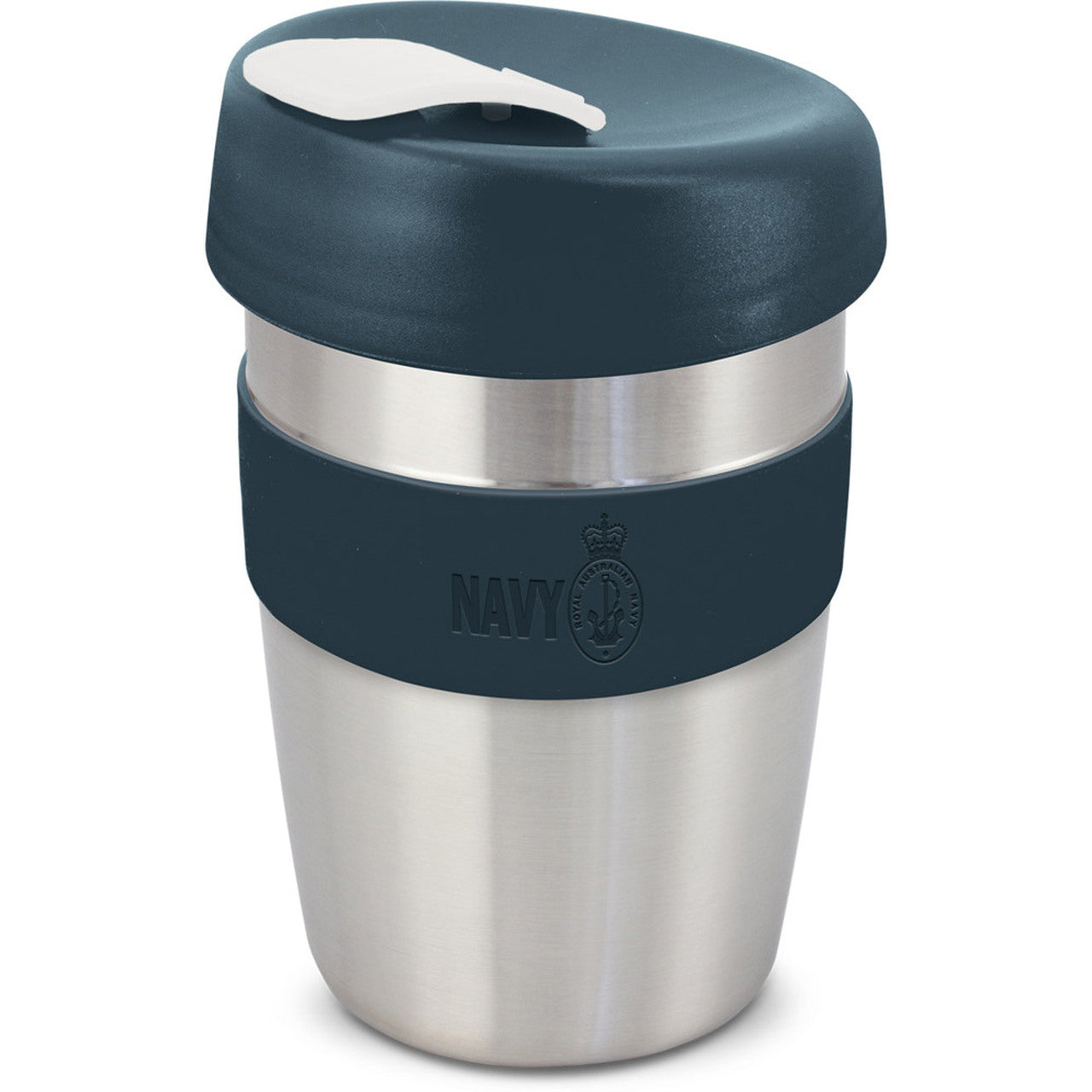 Subtly embossed with the Navy brand this stylish 350ml double walled reusable coffee cup will keep your drinks hot for longer and remain cool to hold. It has a heat resistant silicone band a secure on lid with a splash proof flip closure. The cup has a stainless steel outer wall and the inner wall, lid and flip closure re manufactured from polypropylene. All the materials used are BPA-free. Dimensions :Dia 80mm x H 150mm.
