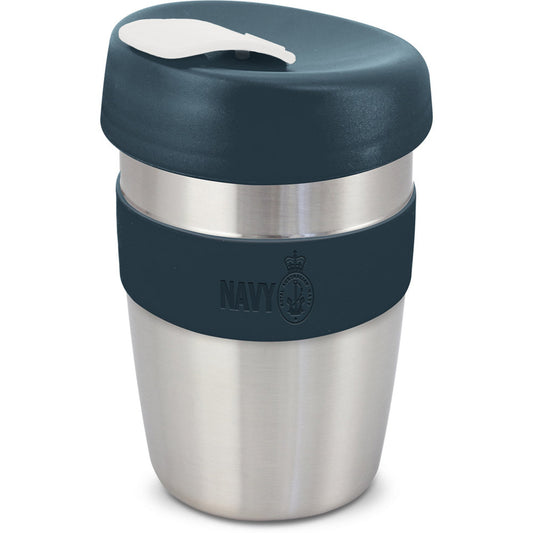 Subtly embossed with the Navy brand this stylish 350ml double walled reusable coffee cup will keep your drinks hot for longer and remain cool to hold. It has a heat resistant silicone band a secure on lid with a splash proof flip closure. The cup has a stainless steel outer wall and the inner wall, lid and flip closure re manufactured from polypropylene. All the materials used are BPA-free. Dimensions :Dia 80mm x H 150mm.