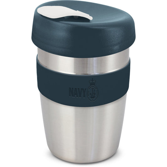 Subtly embossed with the Navy brand this stylish 350ml double walled reusable coffee cup will keep your drinks hot for longer and remain cool to hold. It has a heat resistant silicone band a secure on lid with a splash proof flip closure. The cup has a stainless steel outer wall and the inner wall, lid and flip closure re manufactured from polypropylene.  All the materials used are BPA-free.  Dimensions :Dia 80mm x H 150mm.