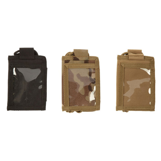 Opens up horizontally 1 x front PVC window for ID 1 x back pocket for cards and cash 2 X internal PVC windows for additional IDs 1 x Small pocket inside for cash 7.5cm w x 11.4cm h when closed 7.5cm w x 16cm h when opened Weight 50g Only in Black, Coyote Brown Khaki and MultiCam