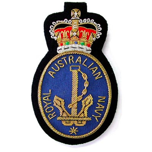 Superb Navy Bullion Pocket Badge perfect for your Blazer, bag or where you want a stylish badge  Approximate size 80x80mm  Securely fastens with 3 butterfly catches on the back www.defenceqstore.com.au