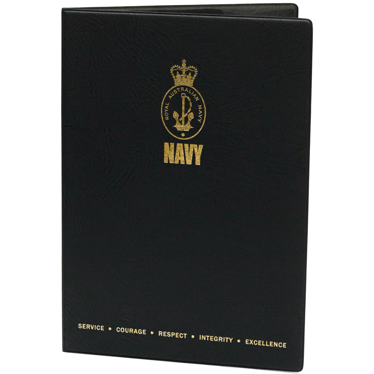 Black heavy grain leather look certificate folder with two plastic pockets on the inside cover  Navy logo on the front cover  BULK PRICING AVAILABLE  MENTION IN THE COMMENTS IN THE CHECKOUT SECTION THAT YOU ARE A CADET AND WE WILL THROW IN A FREE GIFT FOR ORDERS OVER $50