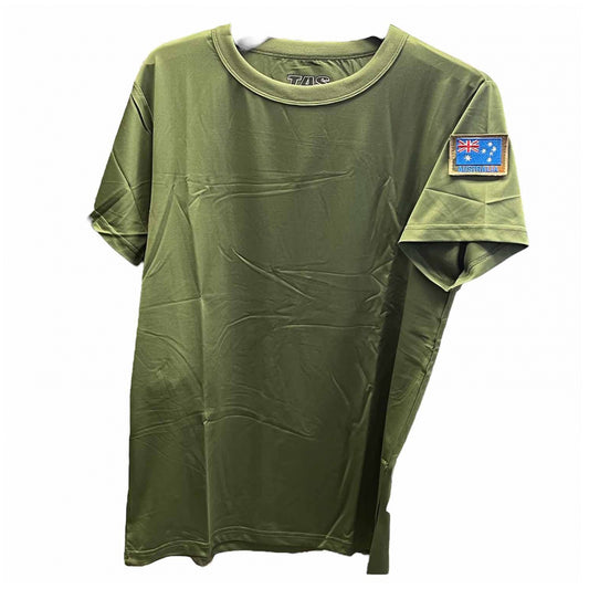 The quickdry fabric is designed to effectively move moisture away from the skin and through the fabric to the outer layer allowing for increased comfort Made from moisture wicking, hydrophobic polyester/ spandex material, and is an easy fit to full stretch Featuring a crew neck design, UV protection and easy care material, there is no need to iron.  Just wash, dry and wear! This new style quickdry shirt has a shoulder patch for you to put a velcro patch on.