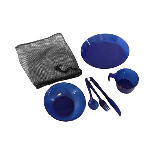 Great addition to your outdoor kit for camping, cadets, scouts and outdoor activities Sturdy and lightweight Comes in mess carry bag with draw cord Plate 25cm Bowl 16cm Mug 7.5cm Knife 21.5cm Fork 18.5cm Spoon 15.5cm