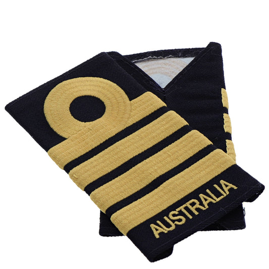 Order this quality RAN Captain Soft Rank Insignia with embroidered detailing this set of two is ready for wear. Order your set now.  Specifications:      Material: Soft rank insignia, fabric, raised embroidery     Colour: Blue, gold     Size: Standard