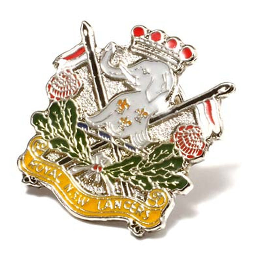 The Royal New South Wales Lancers (RNSWL) 20mm full-colour enamel lapel pin. This beautiful silver-plated lapel pin will look great on both your jacket and your cap. Specifications: Material: Silver-plated zinc alloy, enamel overlay Colour: White, silver, green, yellow, red Size: 20mm www.defenceqstore.com.au