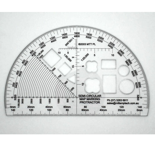 Based on the R.A. and R.A.A. Semi Circular Protractors, we have added a number of common Warfighting Symbology shapes so that your protractor can double as a map marking stencil, as well as a Range Finding Arc.