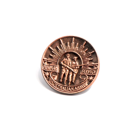 The Soldiers Medallion for Exemplary Service (SMES) Badge is a miniature of the Soldiers Medallion. The badge is bronze and measures approximately 25 mm in diameter. The design is based on the two central figures of the Army Memorial with the wording "EXEMPLARY SERVICE—AUSTRALIAN ARMY" www.defenceqstore.com.au