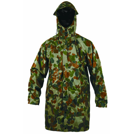 This jacket comes in a variety of sizes to suit all and is perfect for all types of outdoor activities such as camping, hiking, fishing, outdoor activities and hunting  Made from 100% polyester and features taped seams to provide protection from the elements, this auscam jacket means you stay dry at all times  Designed with 2 storm pockets and a chest pocket with 2000mm waterhead rating, this 3/4 length rain jacket is perfect to accompany you on trips
