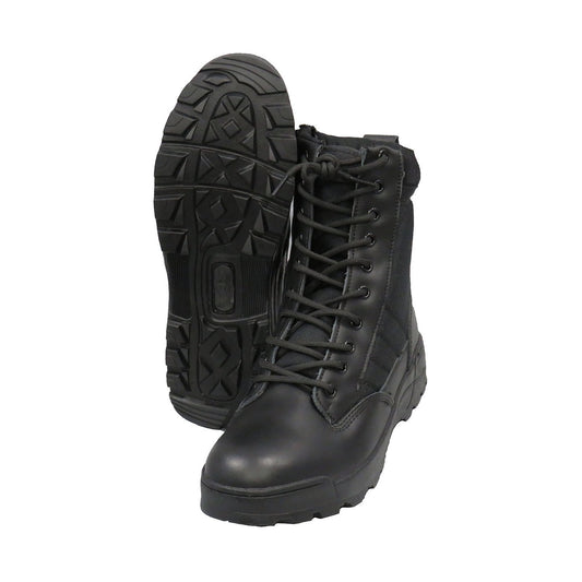 These Sentry Boots are designed for all types of applications such as exploring, survival, military, security and tactical use.  Featuring a split leather upper with one piece toe construction with a straight #8 tooth zip, padded sewn in tongue and hard wearing nylon collar.